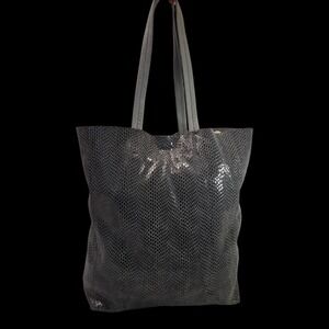 SORIAL Rubina Leather Tote Suede Snake Embossed Soft Flexible Durable NAVY